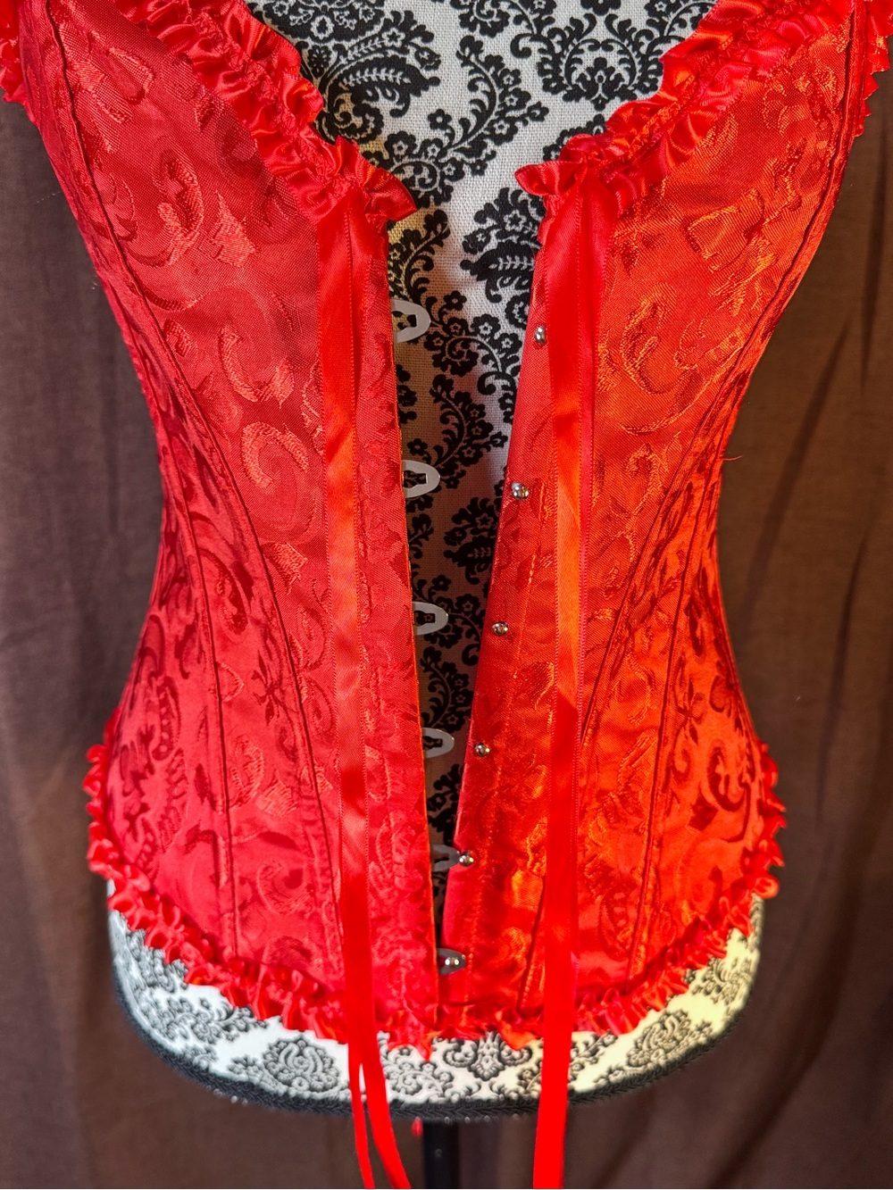 Red Satin Brocade Corset Top With Ruffles and Ribbons size M - Picture 8 of 11